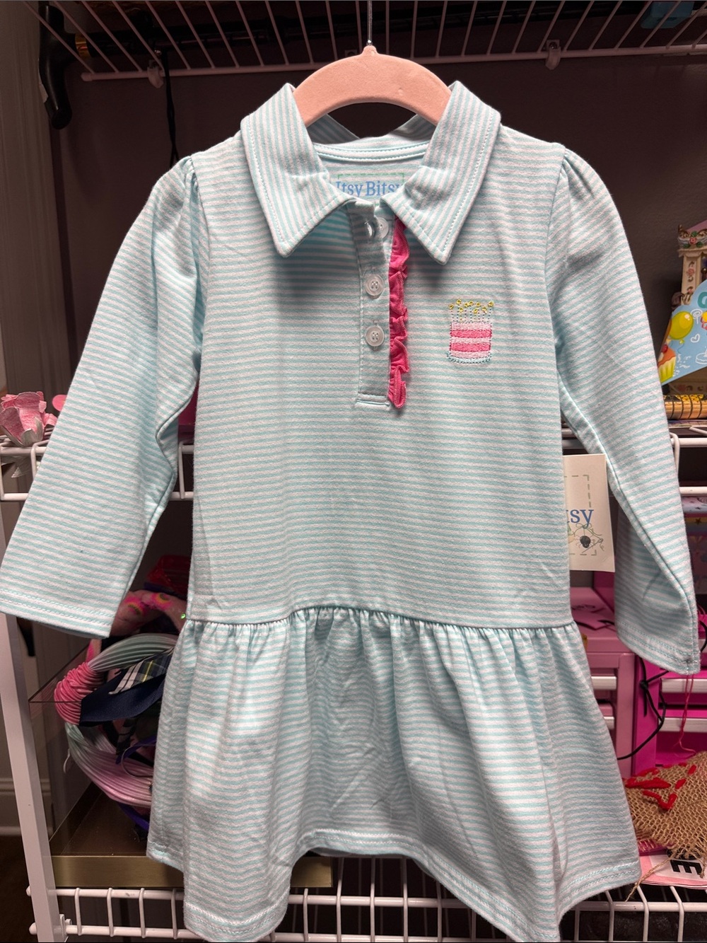 Itsy Bitsy Dress in Light Aqua Stripes with Pink Birthday Cake Accent